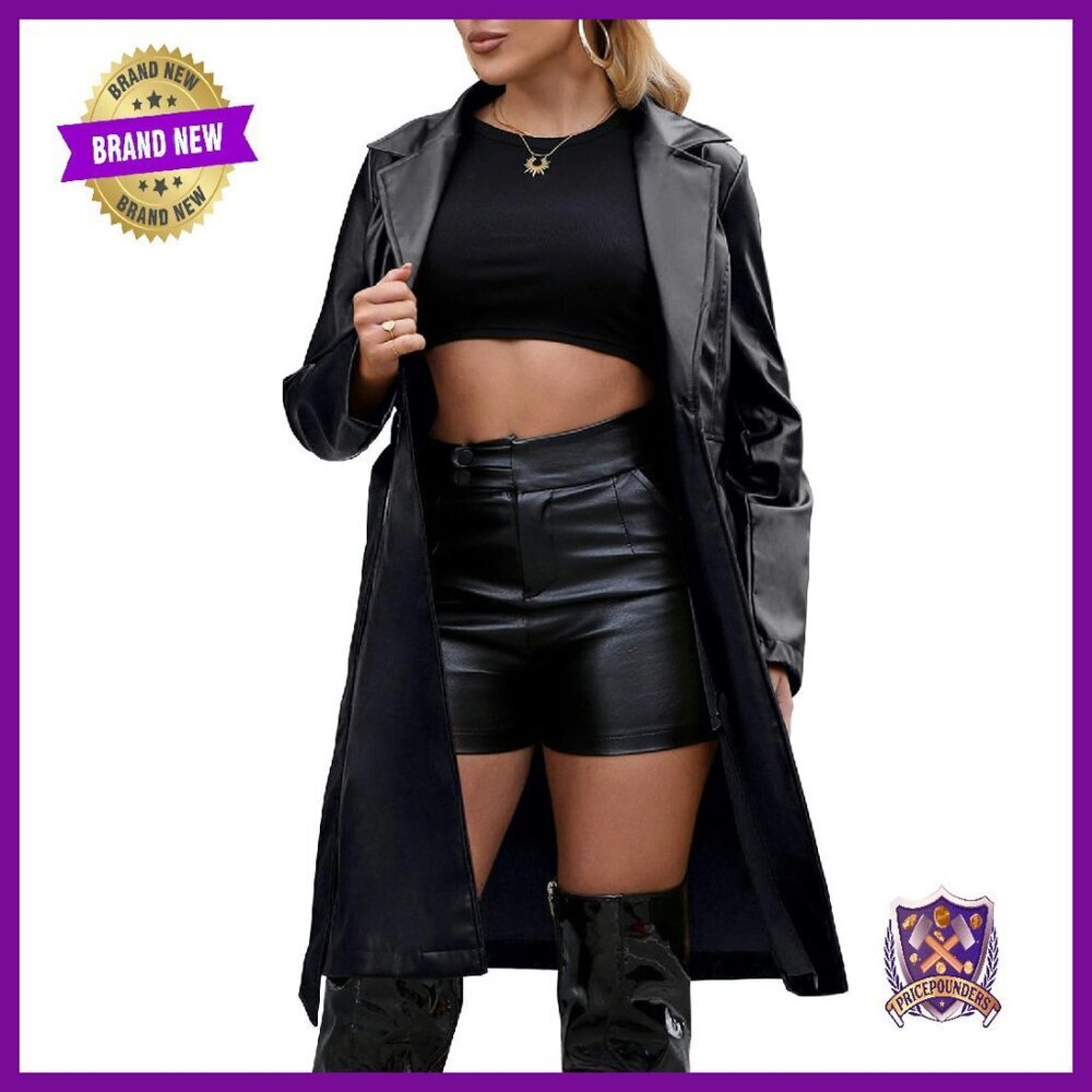Faux Leather Trench Coat Motorcycle Jacket with Belt Knee Length
